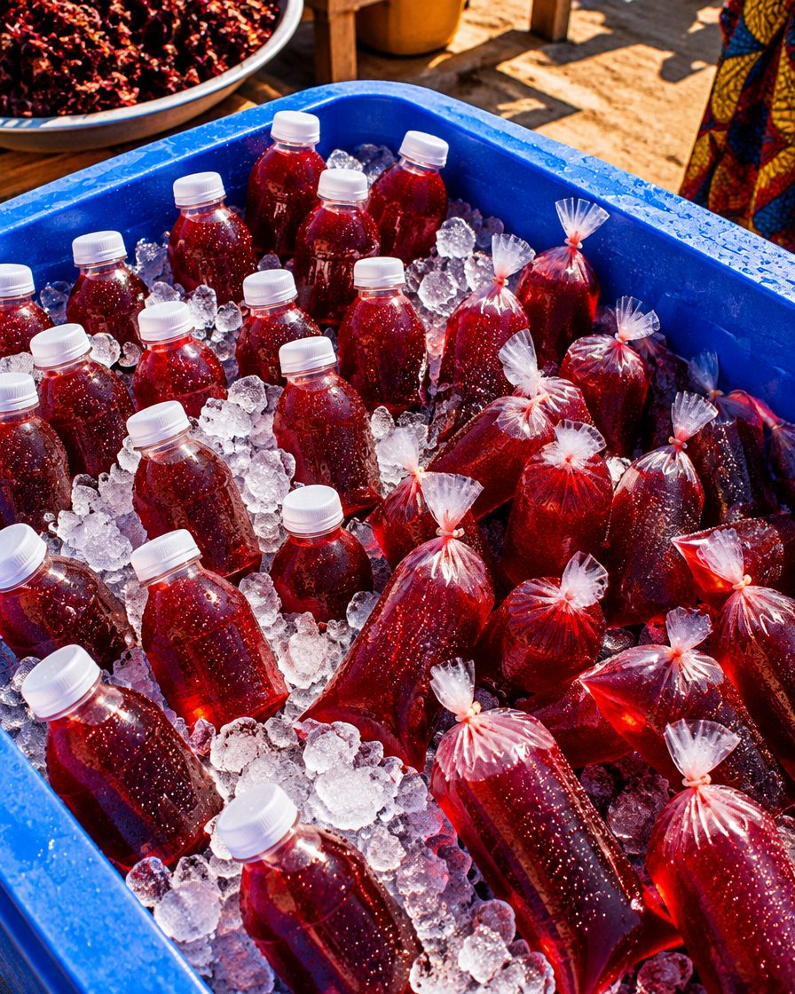 Bouteilles et sachets de jus de bissap glacé dans une glacière, sur un étal de rue à Dakar